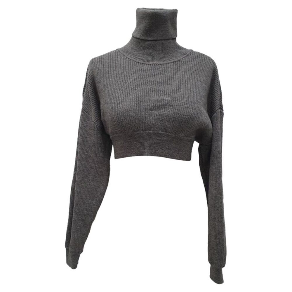 Alexandre Vauthier Rib Knit Cropped Sweater in Grey Wool